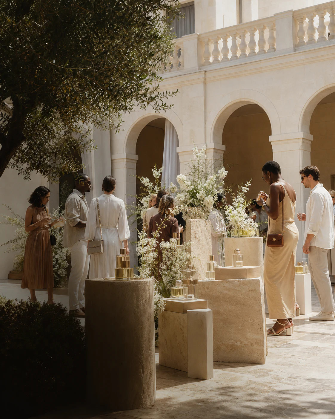 Guests discovering a fragrance launch in a sunlit luxury courtyard